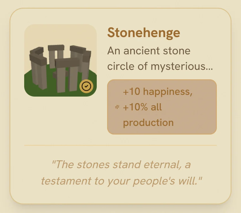 The Stonehenge wonder card with a 3D preview, its effects — plus ten happiness and plus ten percent all production — and a line of flavour text.
